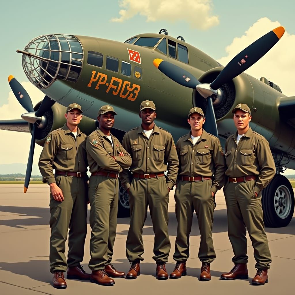 African American Airmen Stand Proud Beside B-17 Flying Fortr...