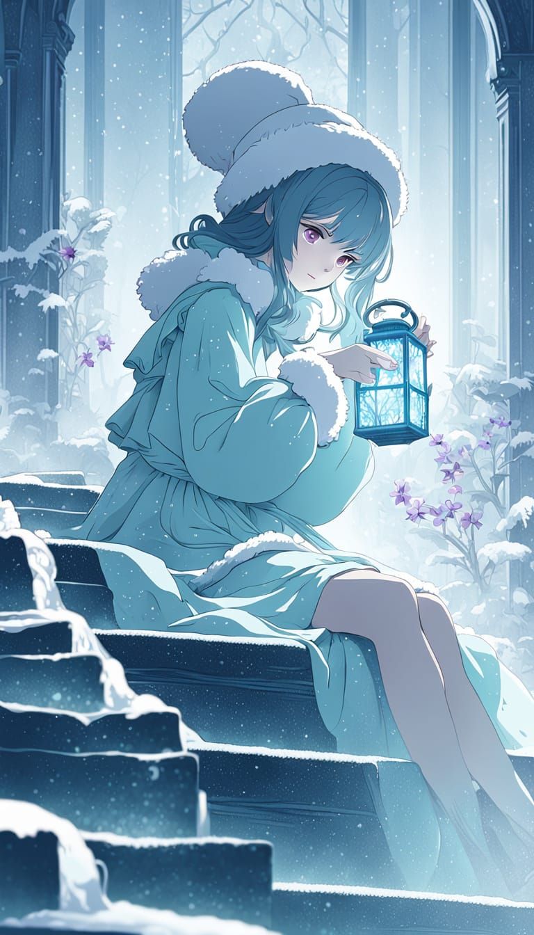 Girl in Winter Dress Holds Amber Lantern on Ice Crystal Step...