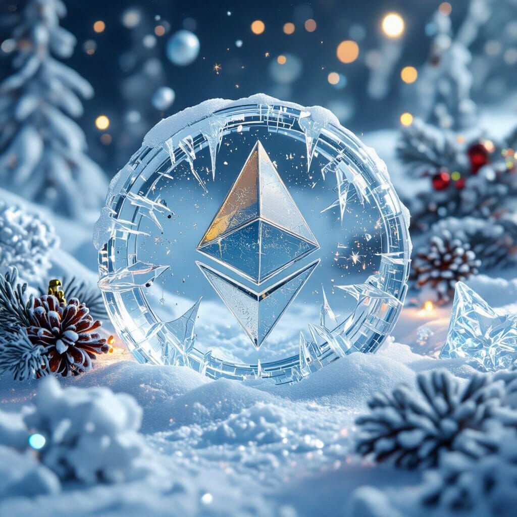 Icy Ethereum Coin with Christmas Cyberpunk Decorations
