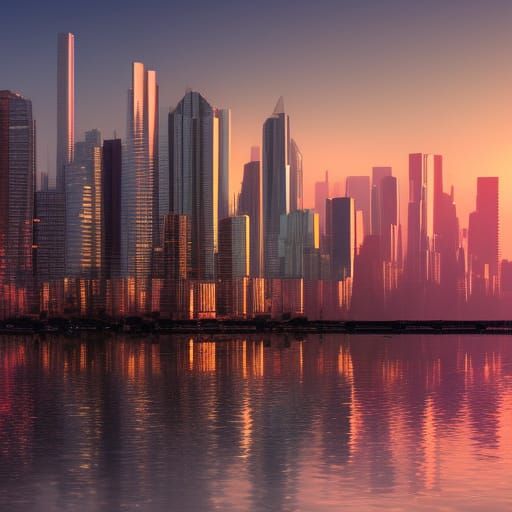 Cityscape Sunset: Detailed Matte Painting in Deep Color