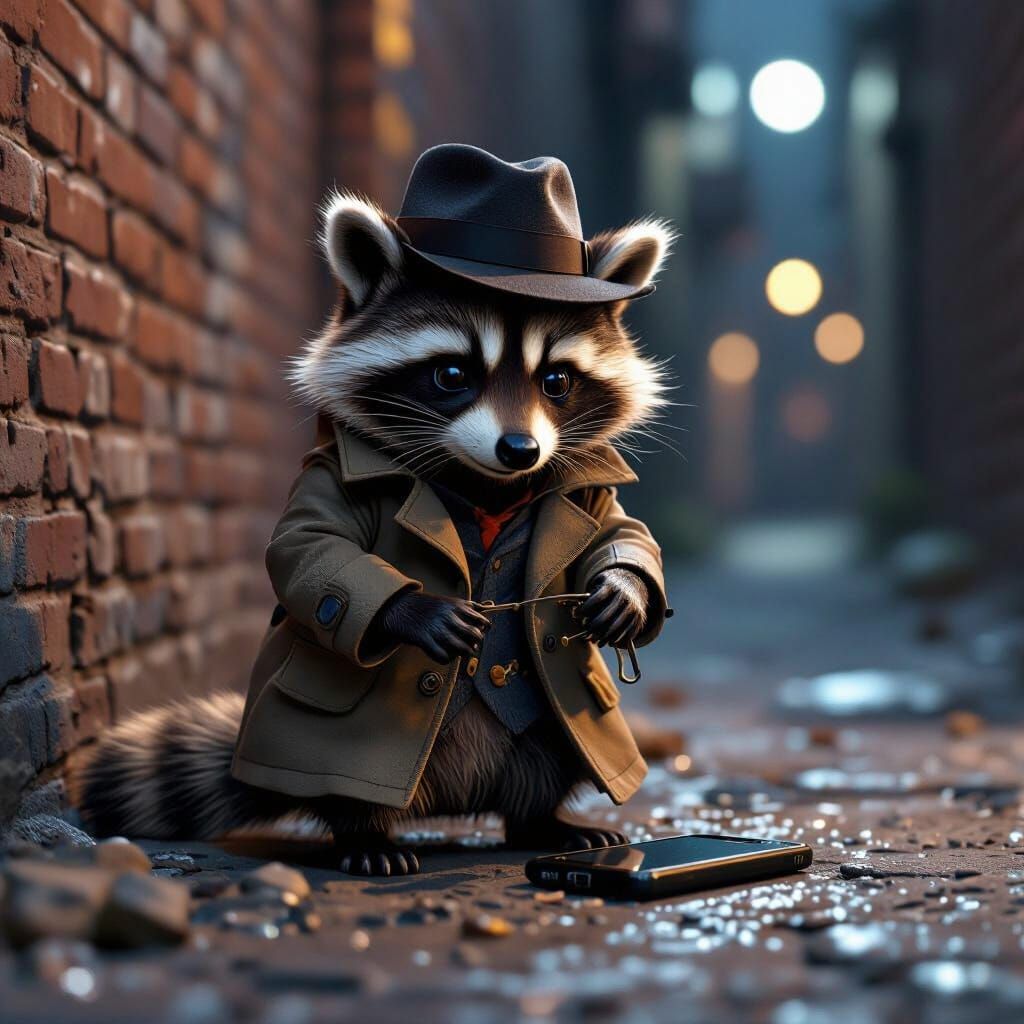 Raccoon Detective in Moonlit Alley: Hyperrealistic Image