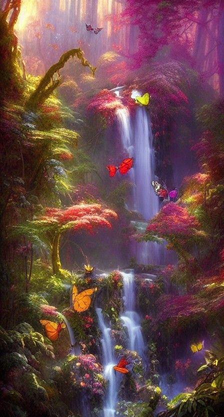 Enchanted Waterfall in Butterfly Garden: Digital Illustratio...