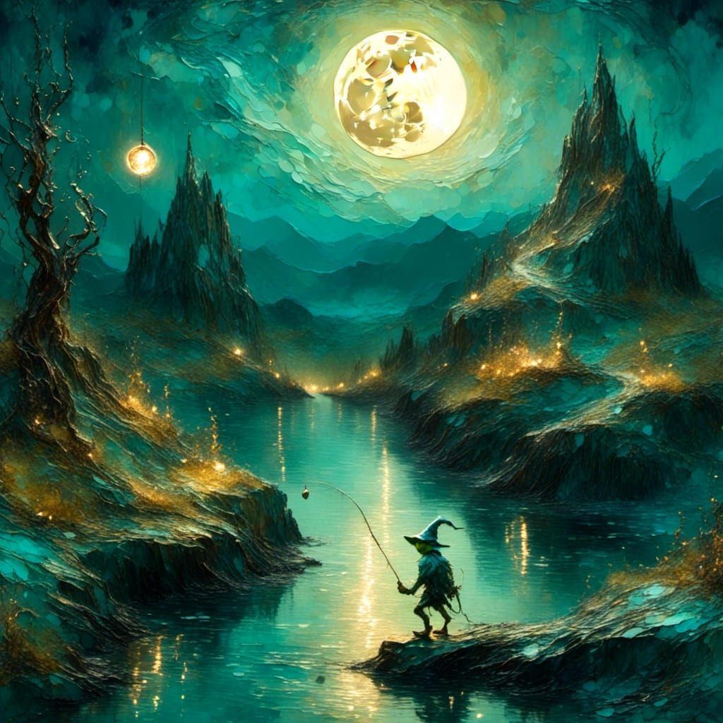 <lora:Lights Camera Action:1.0>
A goblin in a hat stands on a mountain and holds the moon on a fishing line.
The predomi...