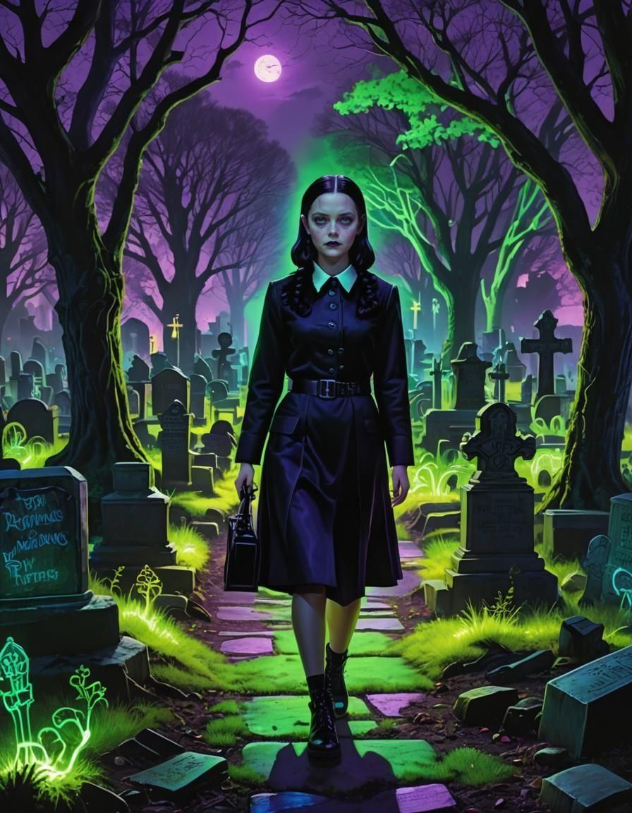 Wednesday Addams in Neon Graveyard Portrait