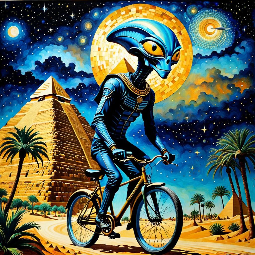Alien Rides Bike Past Pyramid in Surreal Mosaic