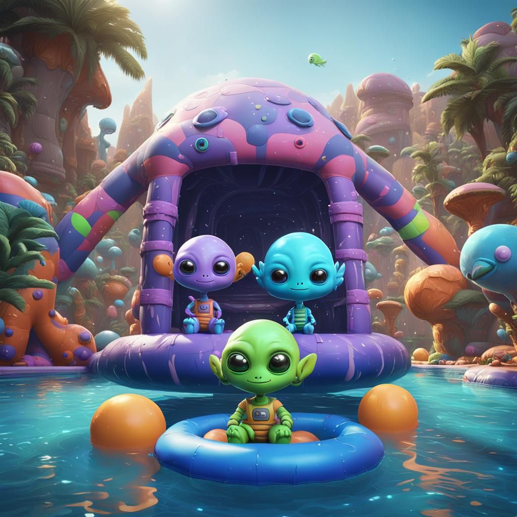 Cute Aliens Relaxing in Pool as Matte Painting