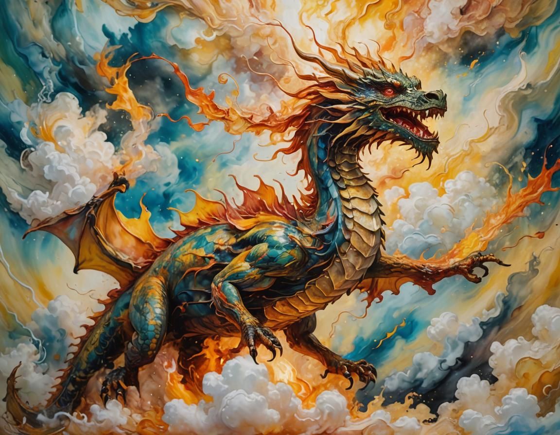 Flaming Dragon Soaring: Surreal Impressionist Close-Up