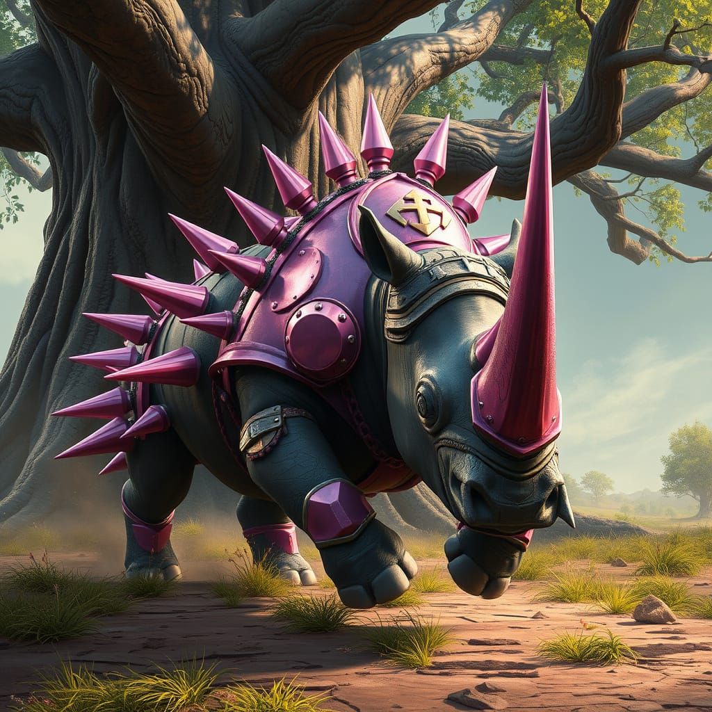 Rhino in Pink Armor Charges Ancient Tree: Digital Art