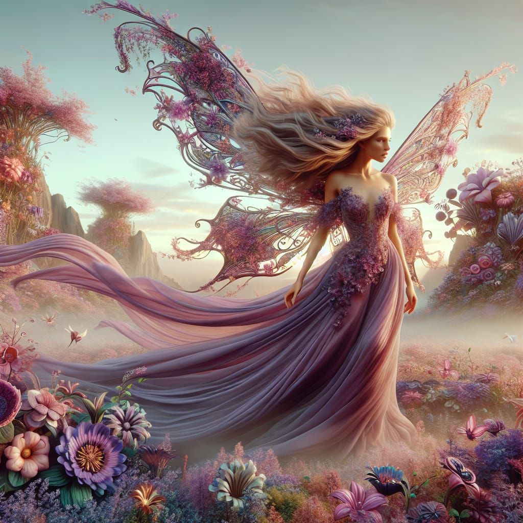 Fantasy Landscape with Fairy and Whimsical Flowers