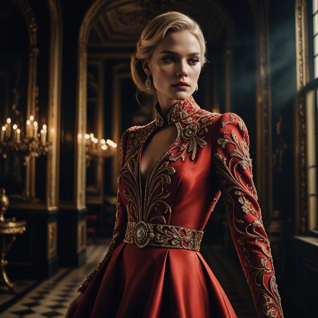 Vogue Editorial: Elegant Woman in Red Haute Couture