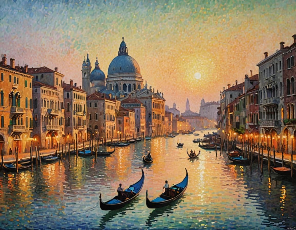 Pointillist Venice Grand Canal Painting in 19th Century Styl...