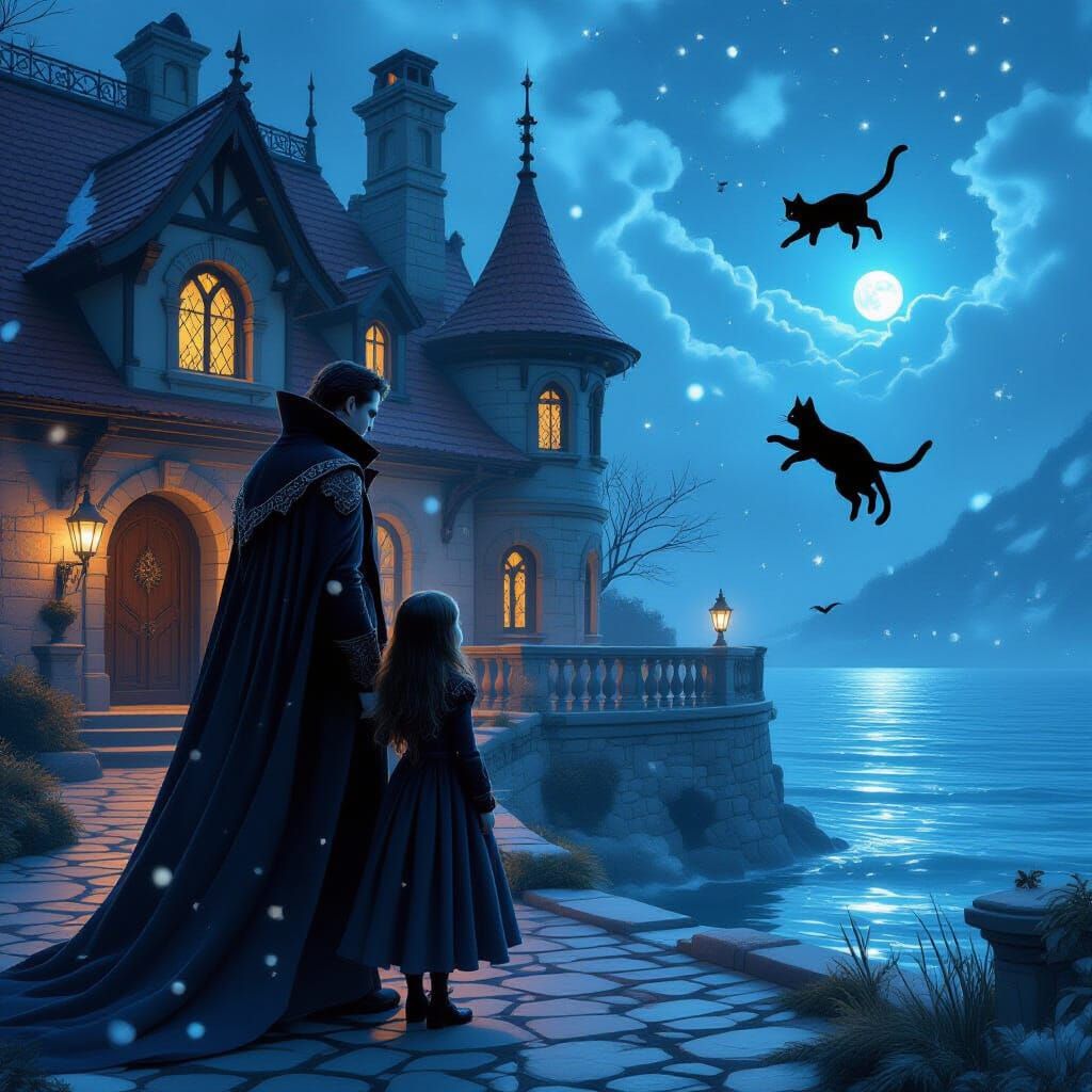 Vampire Girl Flies With Cat Over Starry Night Home