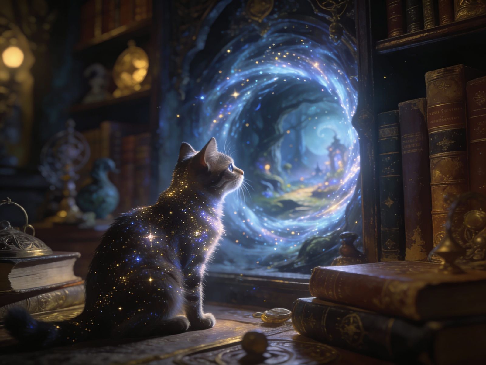 Curious Cat Discovers Magical Realm Through Swirling Portal