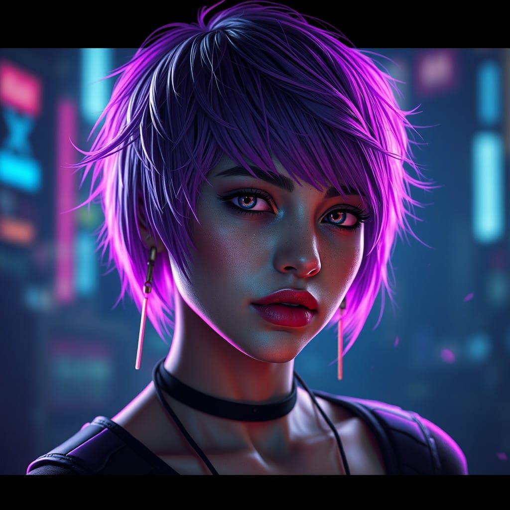 Futuristic Cyberpunk Figure Basks in Vibrant Purple Glow