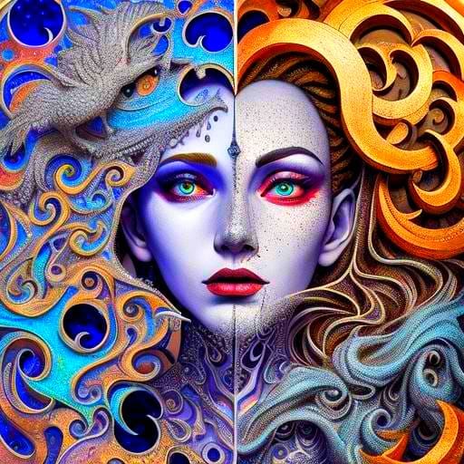 Grotesque Scarlet Face in Mystical Realm: Oil Painting