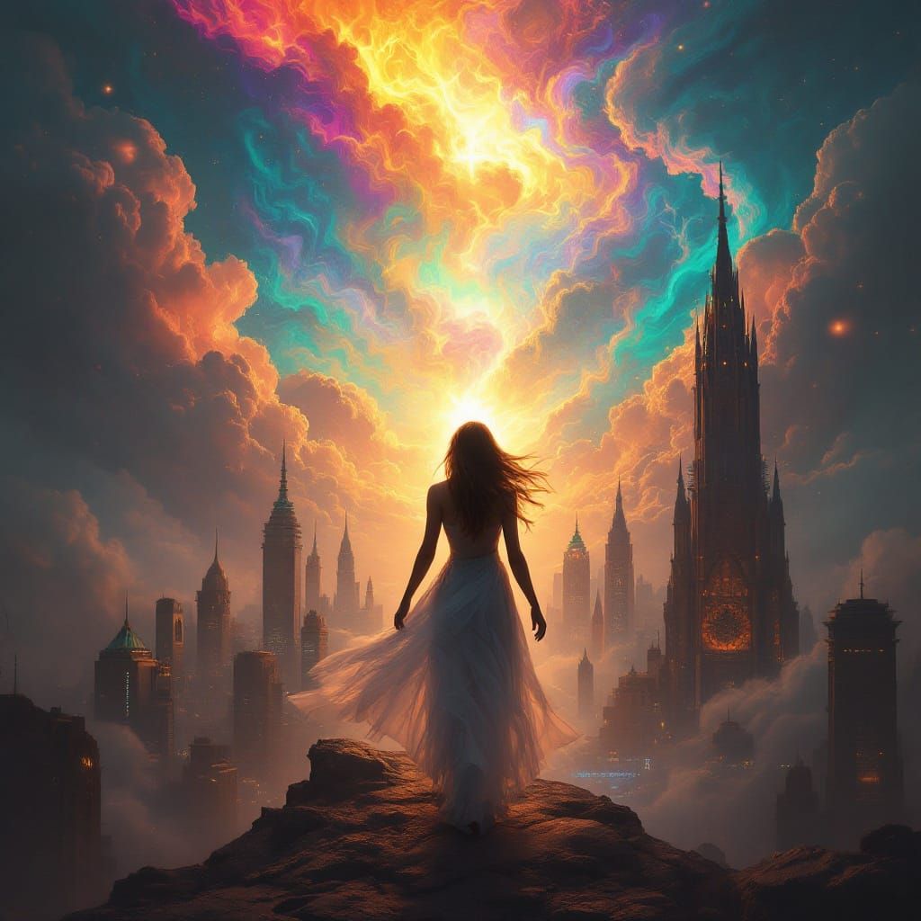 Empowered Woman in Modern Metropolis: Golden Light and Vibra...