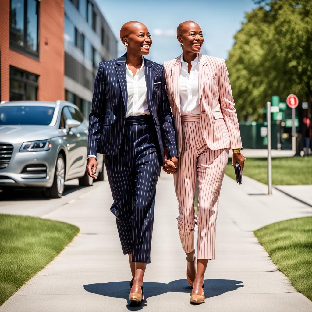 Bald Black Businesswomen Holding Hands in Pinstripe Suits
