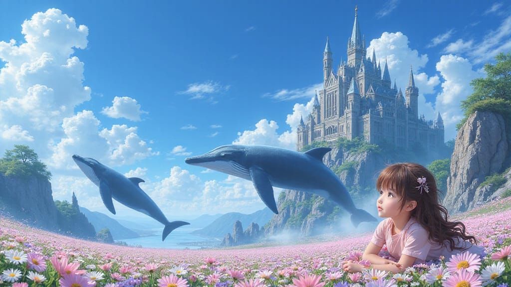 Anime Girl Surrounded by Whales and Cities in the Sky