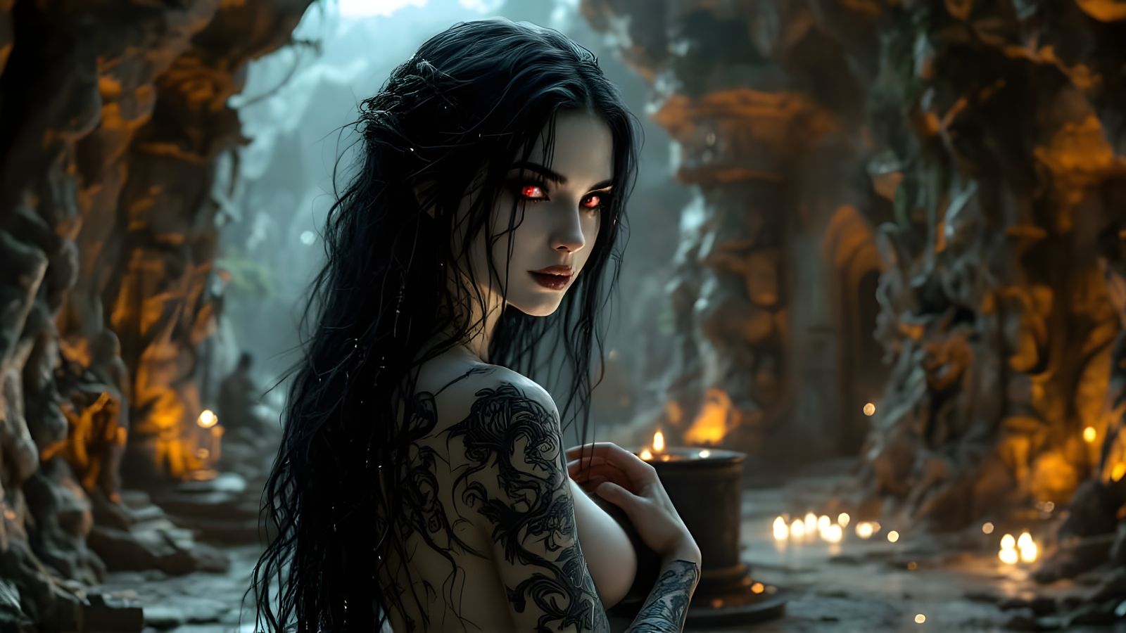 Ethereal Goddess with Malevolent Glow in Ancient Temple