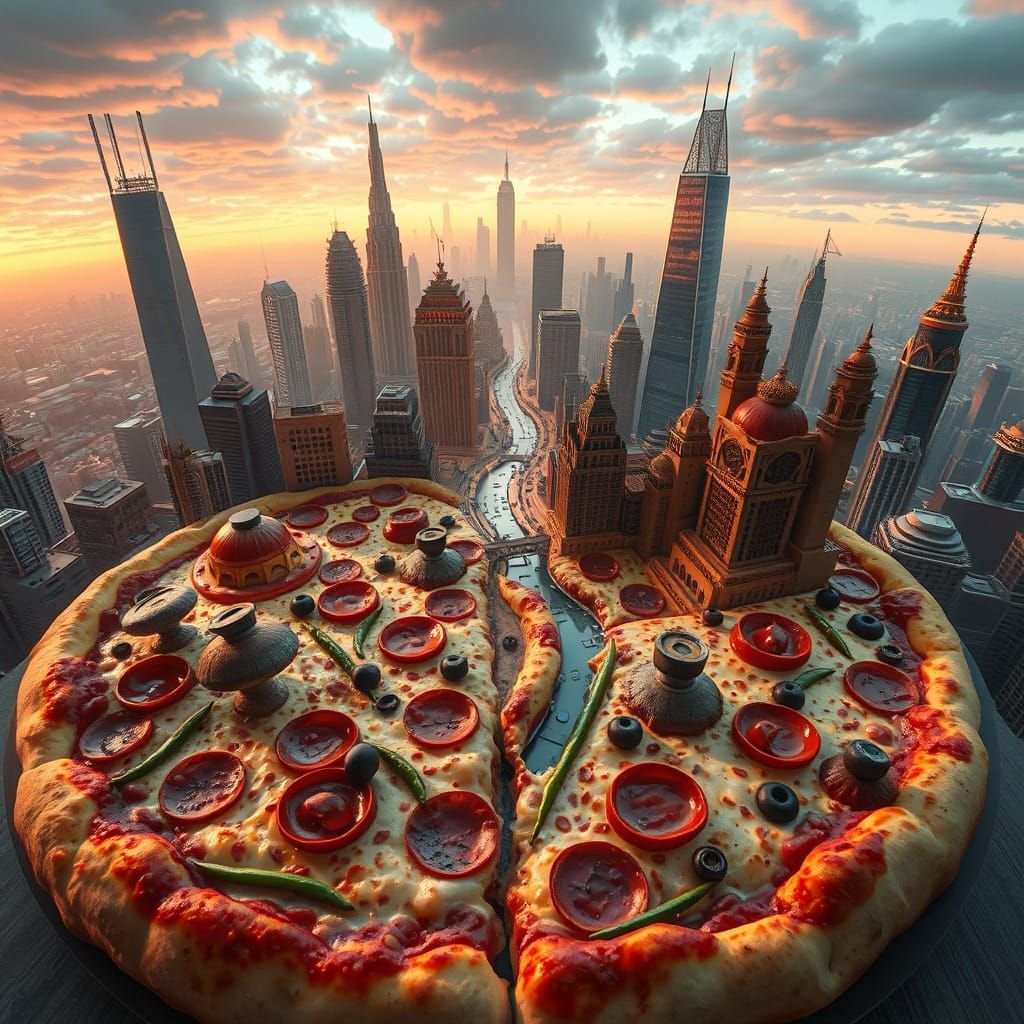 Surreal Pizza Cityscape with Pepperoni Plazas