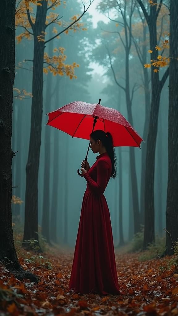 Woman in Autumn Storm with Red Umbrella