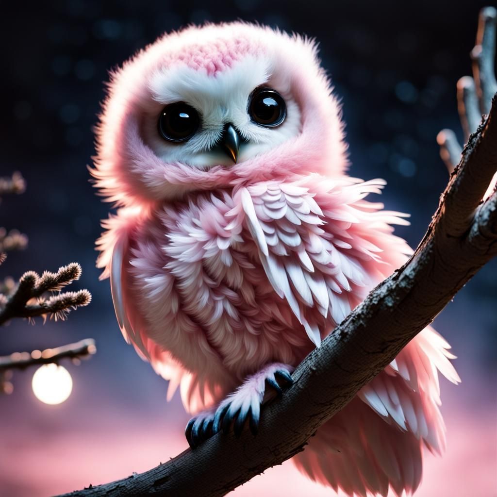 Pink and White Baby Owl in Moonlight