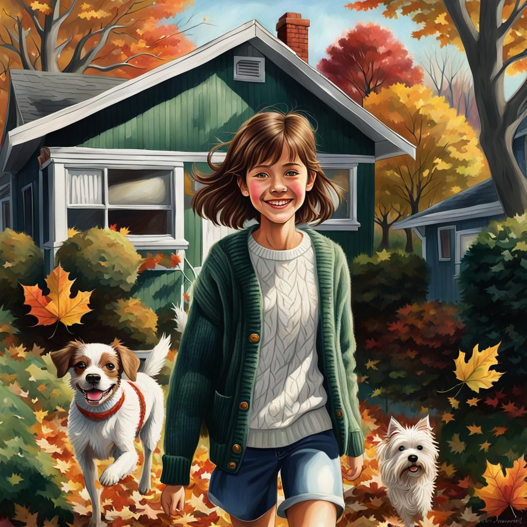 Girl Raking Leaves with Dog, Whimsical Cartoon