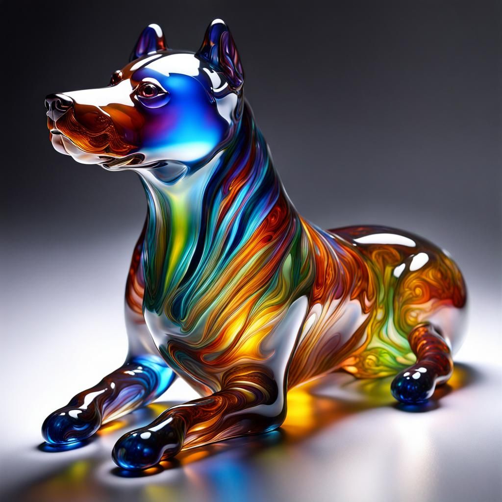 Ethereal Glass Dog Sculpture in Hyperrealistic Style