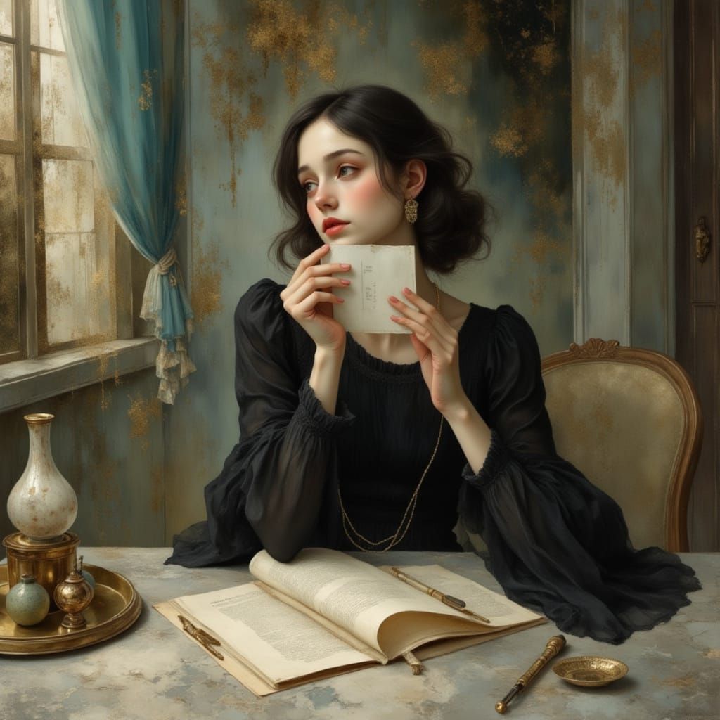 Sad Woman Portrait with Vintage Envelope