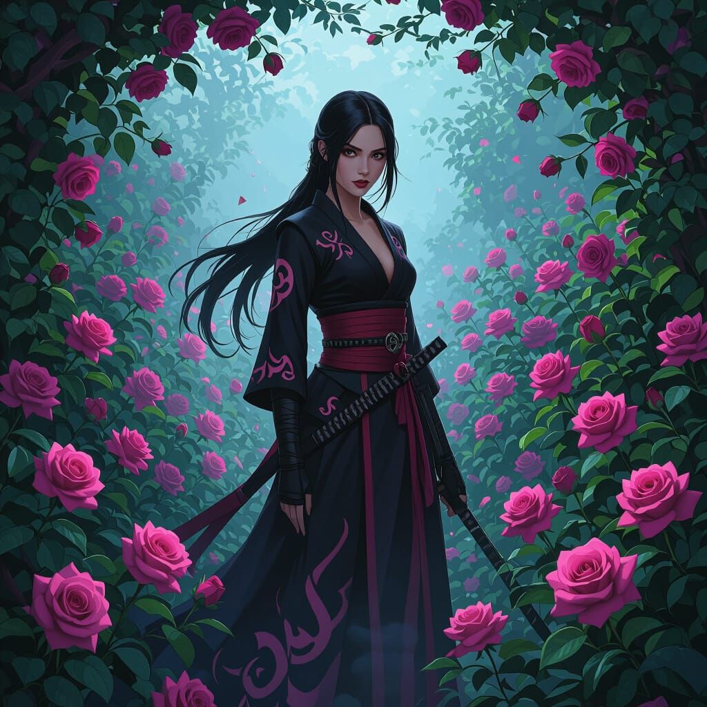 Ninja Specter in Rose Garden: Dark Fantasy Art