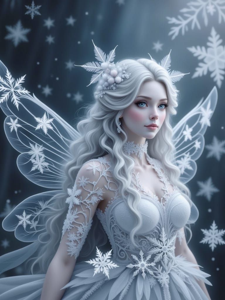 Snow Fairy in Enchanted Winter Forest, Art Nouveau Style