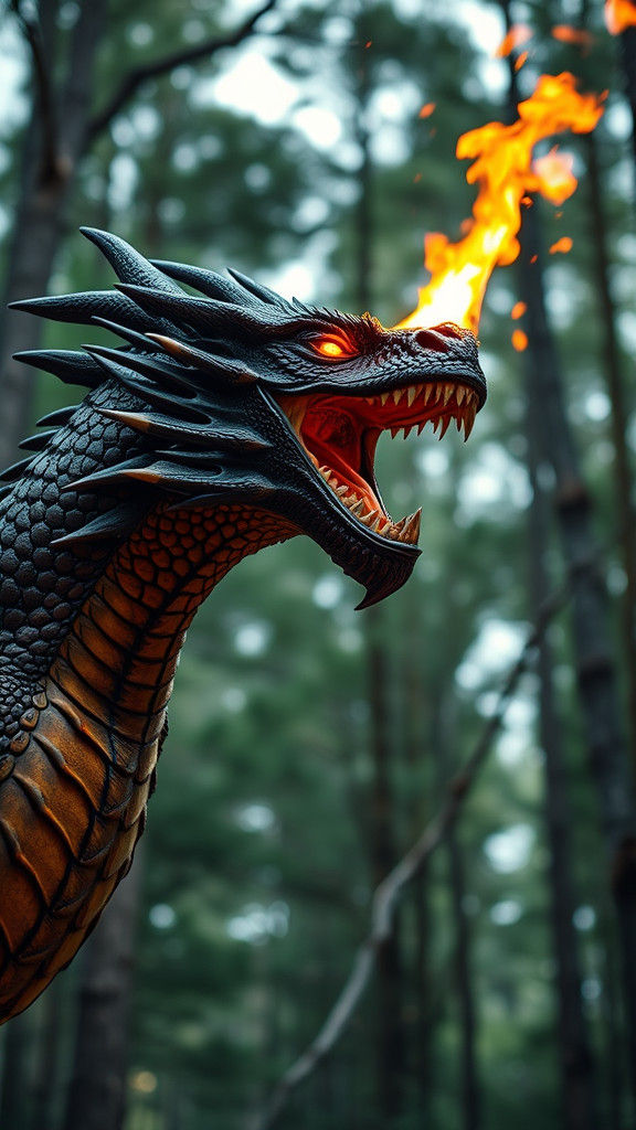 Fire Dragon Roaring in a Pine Forest