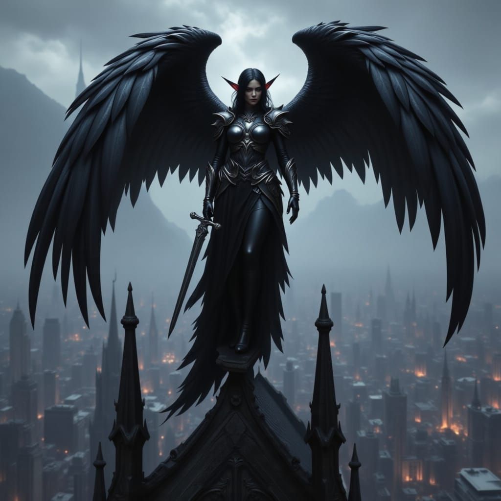 Dark Elf Raven Maiden Overlooking Gothic Cityscape