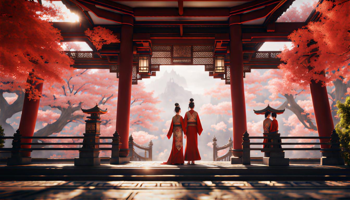 Divine Japanese Couple in Imperial Palace Fantasy