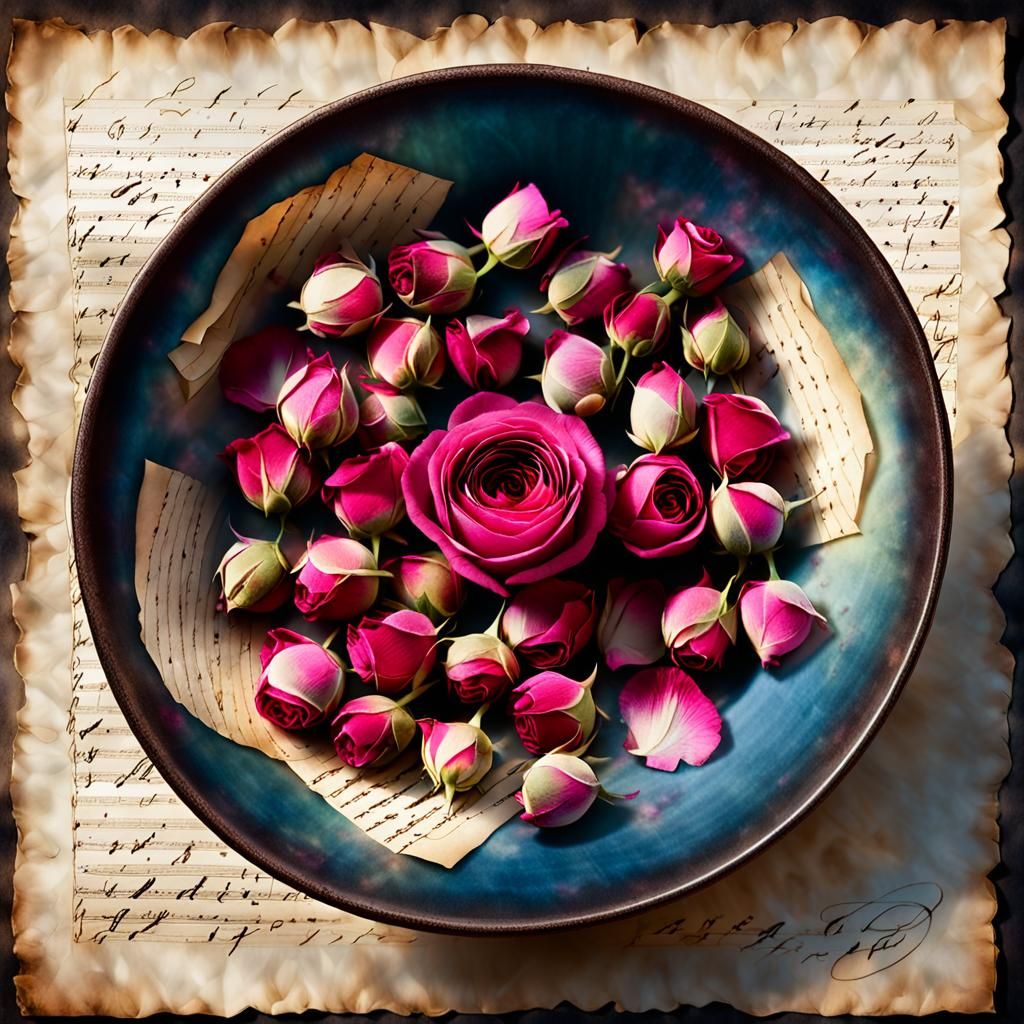 Luminescent Roses on Parchment with Love Letter