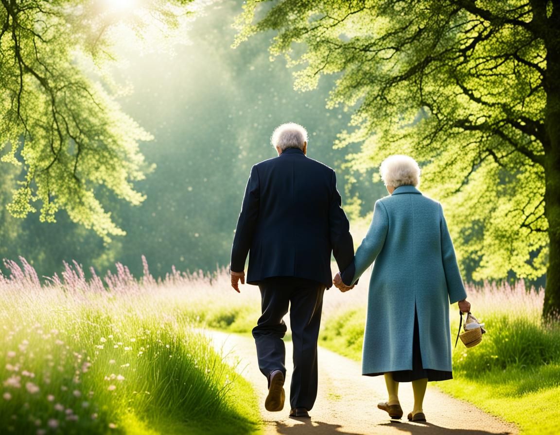 Elderly Couple Walking in Sunlit Park