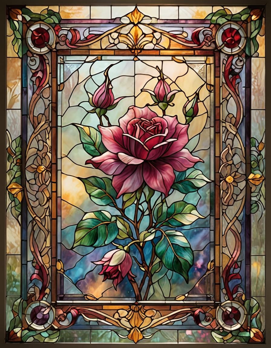 Rose-Fuchsia Flower in Stained Glass Art