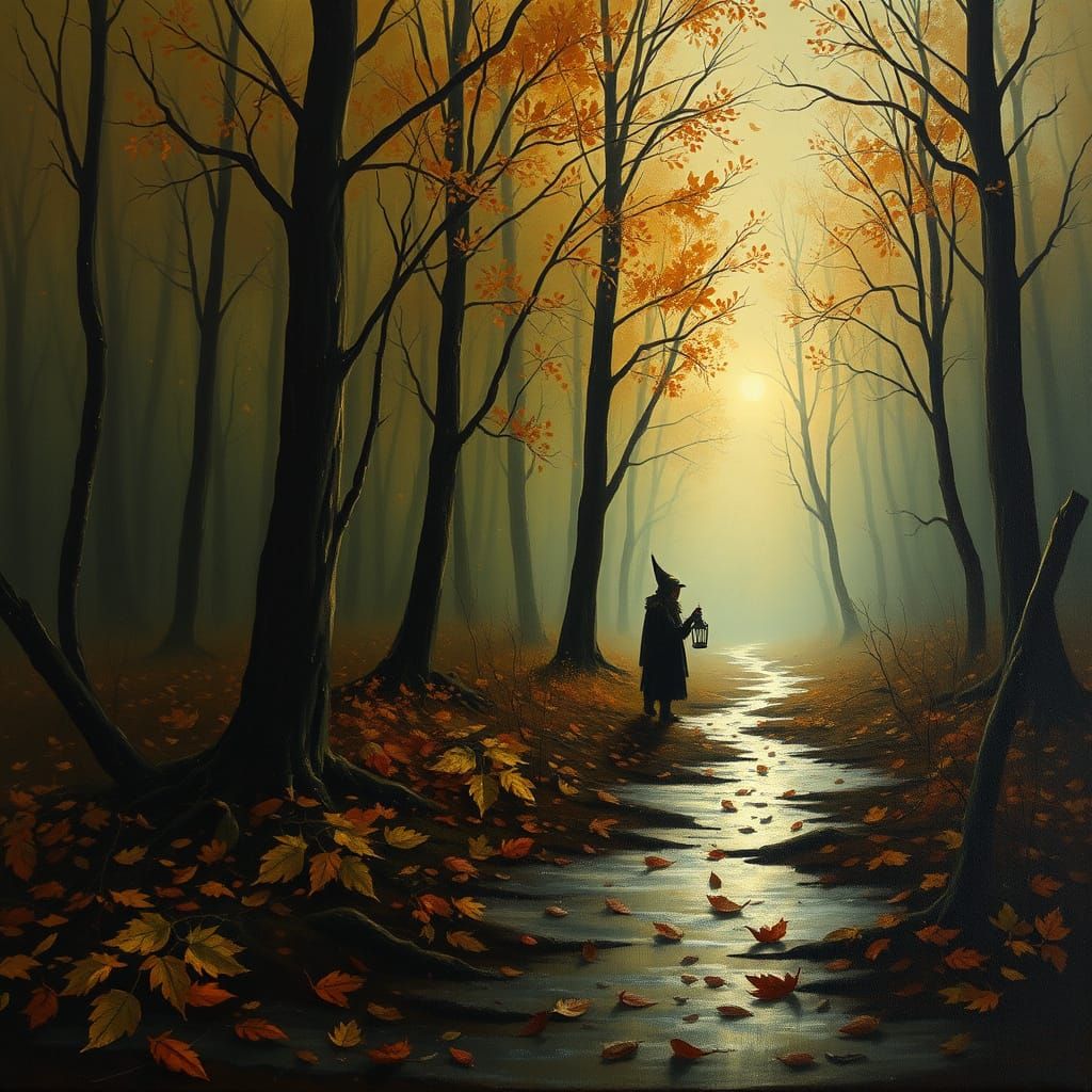 Moody Autumn Forest at Twilight as Impasto Painting