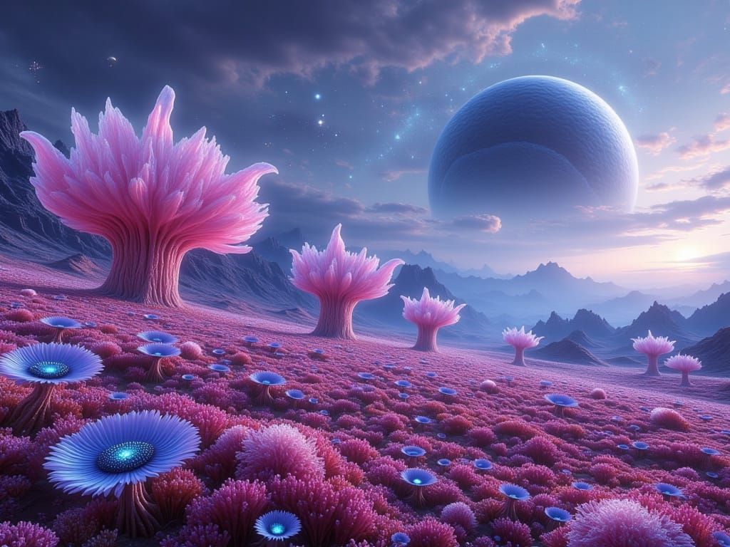 Surreal Alien Landscapes with Geometric Flowers and Gas Gian...