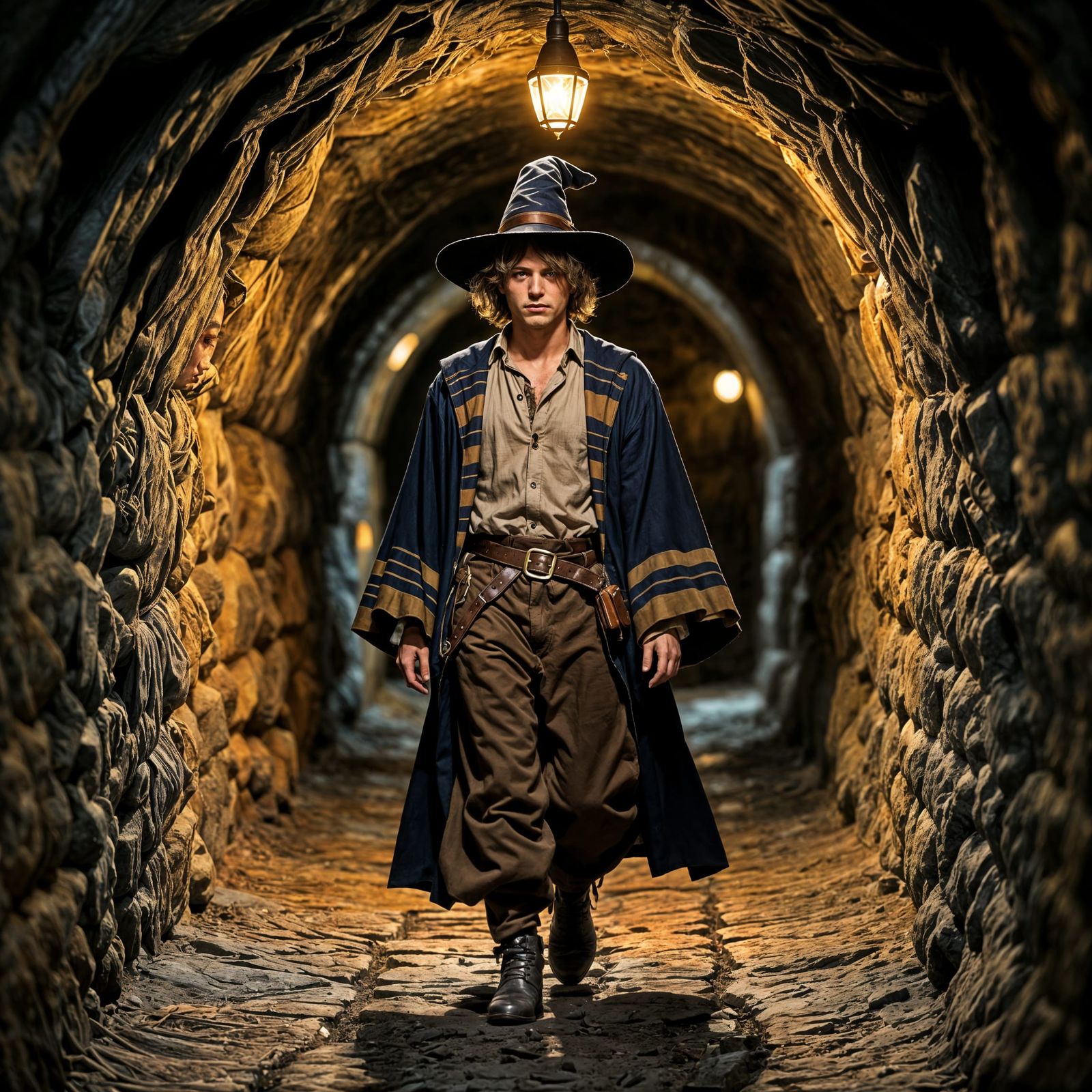 Young Wizard Apprentice Exploring Dimly Lit Stone Passage