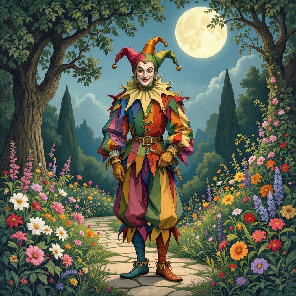 Medieval Jester in Moonlit Garden, Fantasy Art