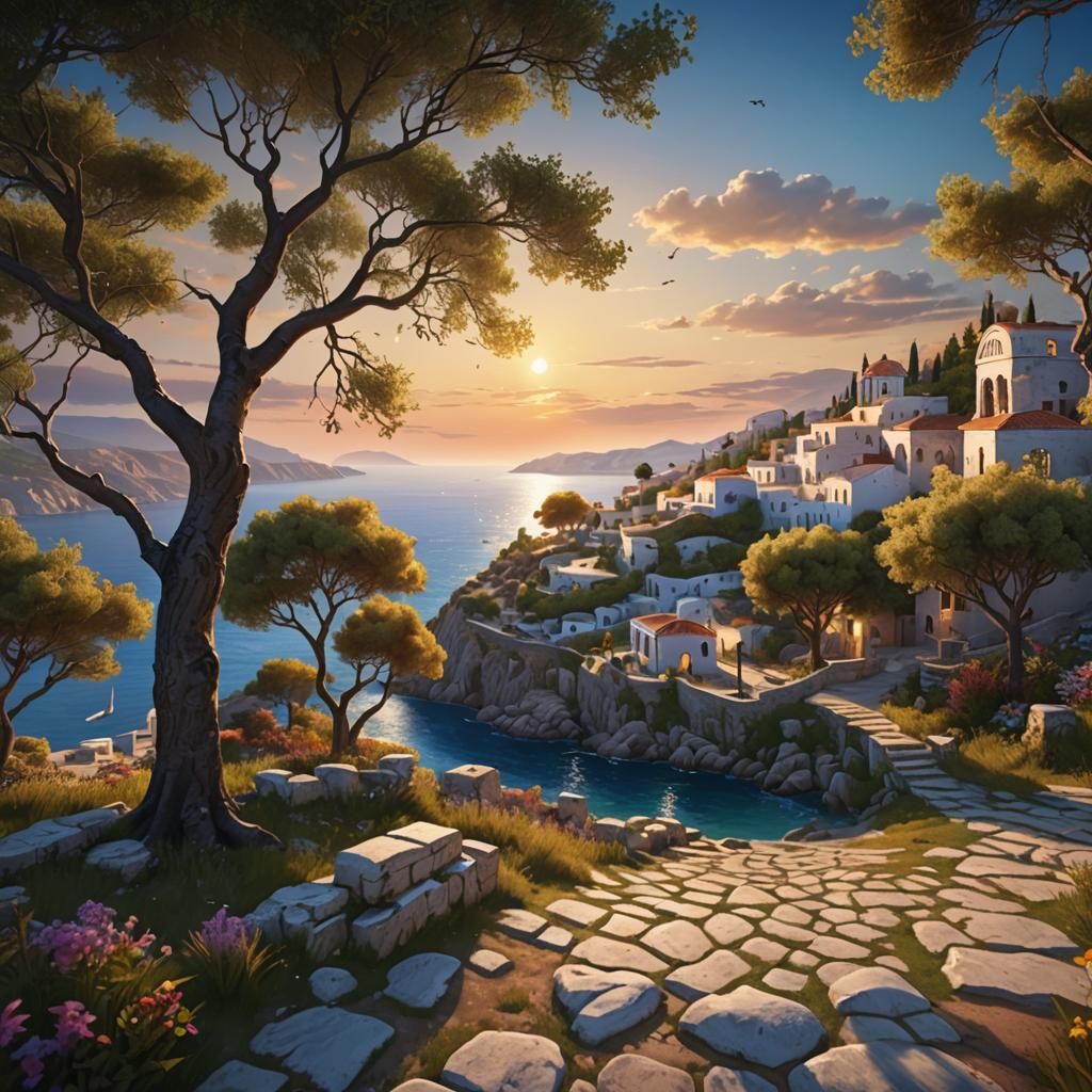 Greek Seaside Village at Sunset: Detailed Matte Painting