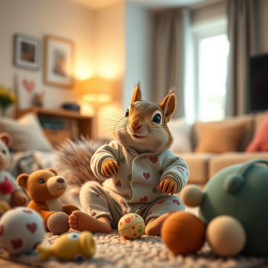 Squirrel Baby in Pajamas Playing with Toys