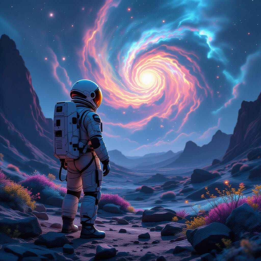 Astronaut on Alien Planet Gazing at Nebula