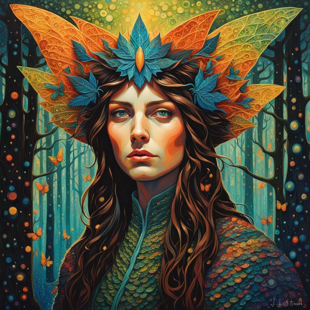 Elf Witch Portrait in Bioluminescent Butterfly Forest