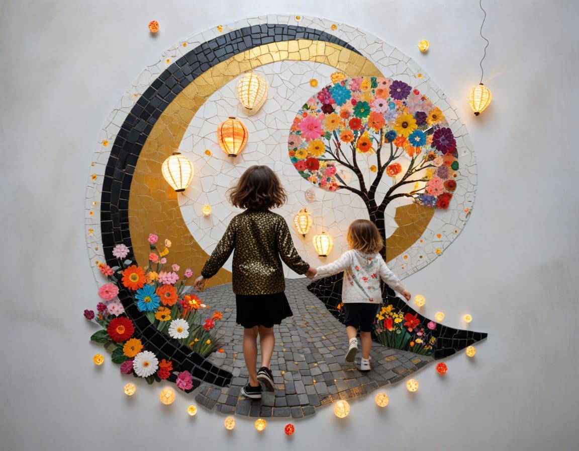 Children Chase Lanterns Under Surreal Flowers in Mosaic Styl...