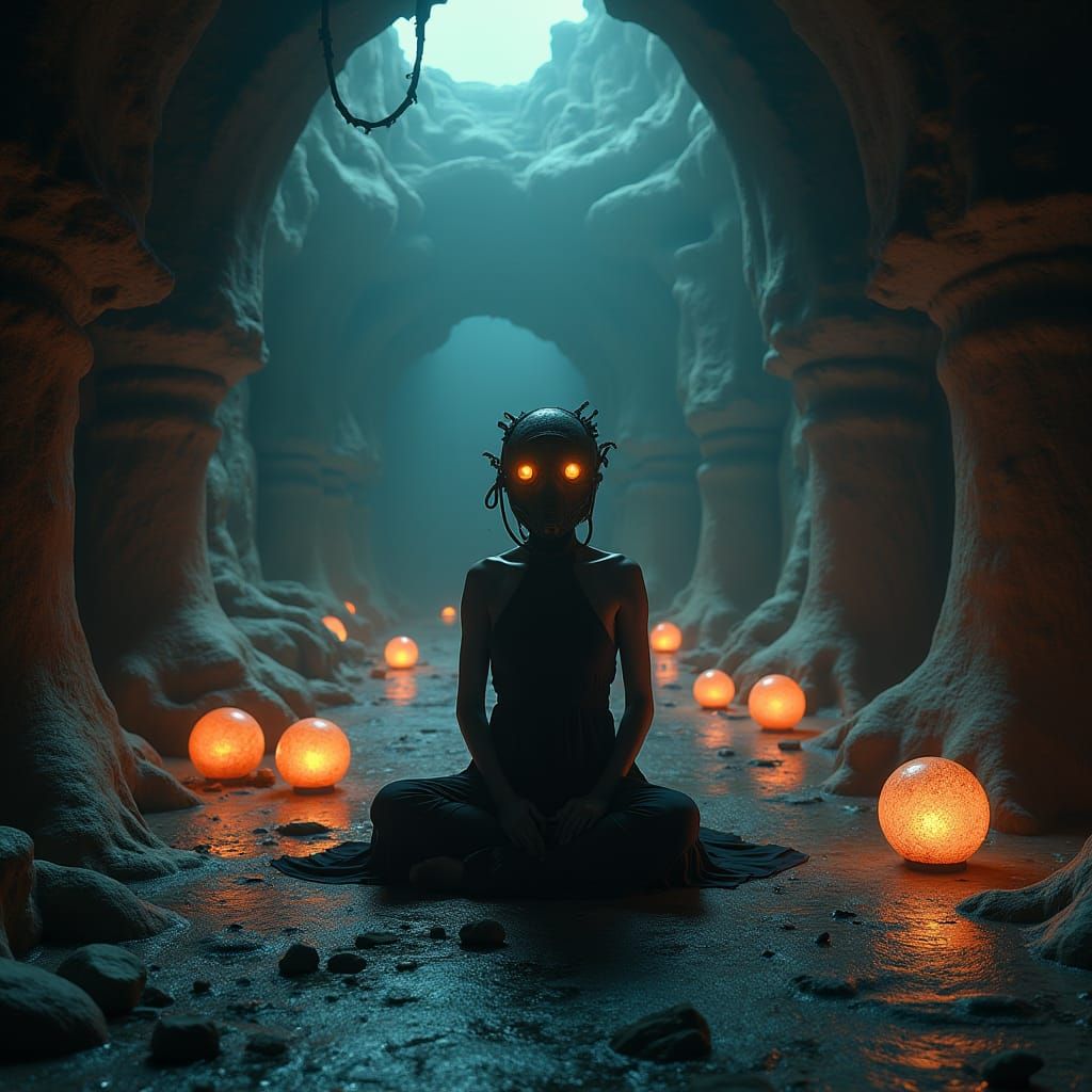 Woman in Asphyxiation Mask in Surreal Chamber