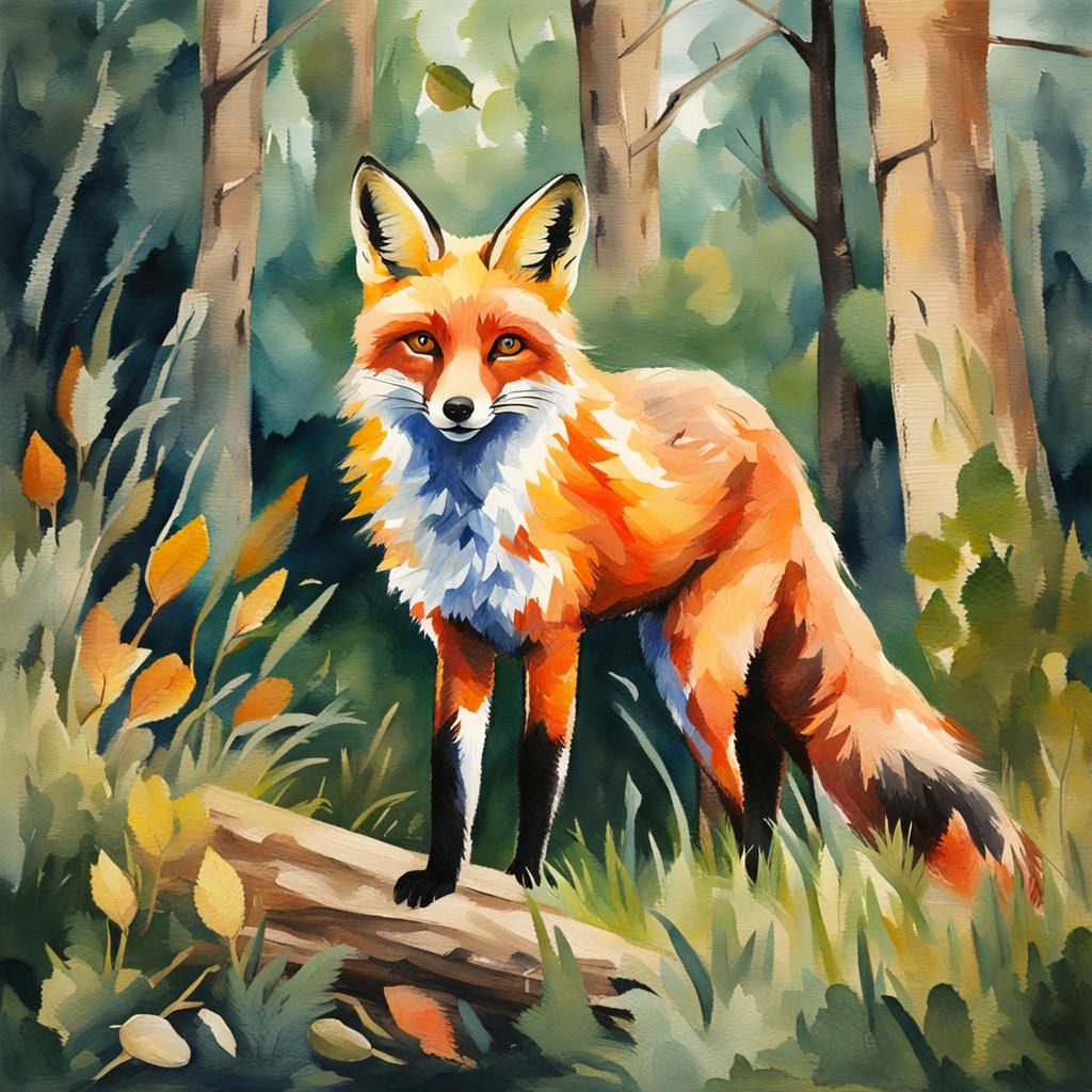 Fox in Woods as Gouache Watercolor Painting