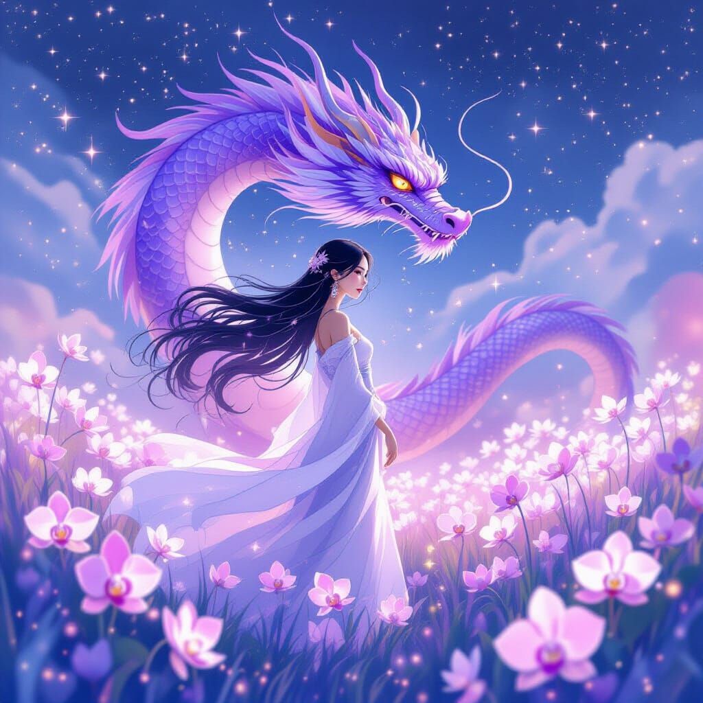 Ethereal Asian Woman with Dragon in Watercolor Style