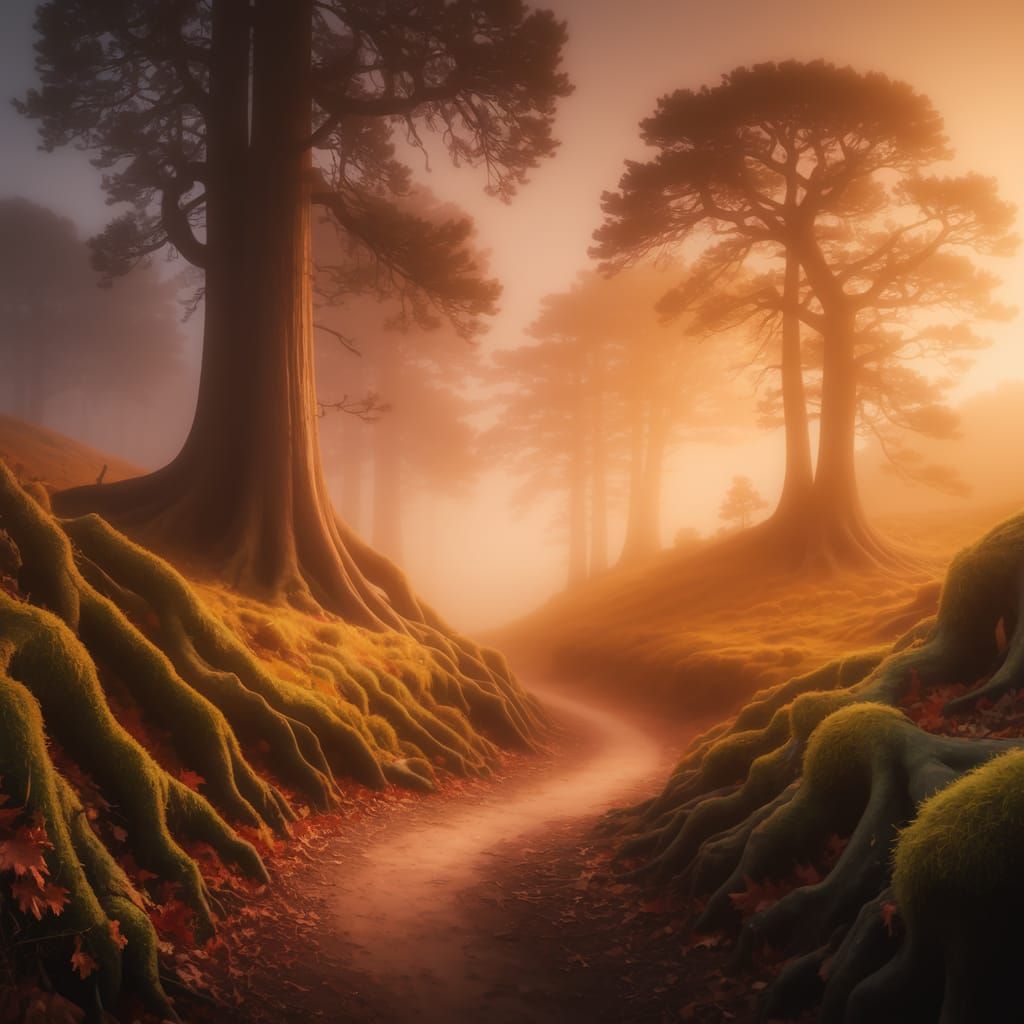 Surreal Foggy Landscape with Ancient Trees in Golden Light